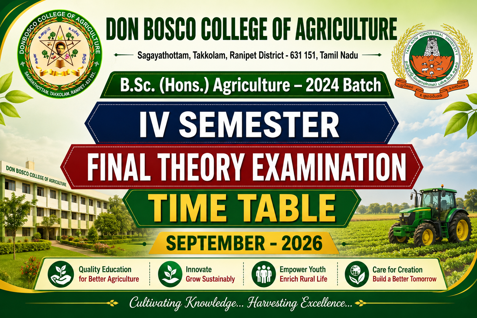 B.Sc(Hons)Agri - 2024 Batch IV Semester  Final Theory Examination, Time Table September -  2026